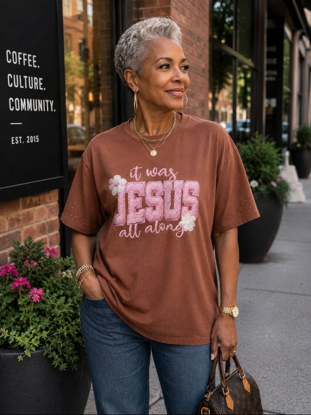It Was Jesus All Along Girls' Brown Graphic Tee with Pink Embroidery
